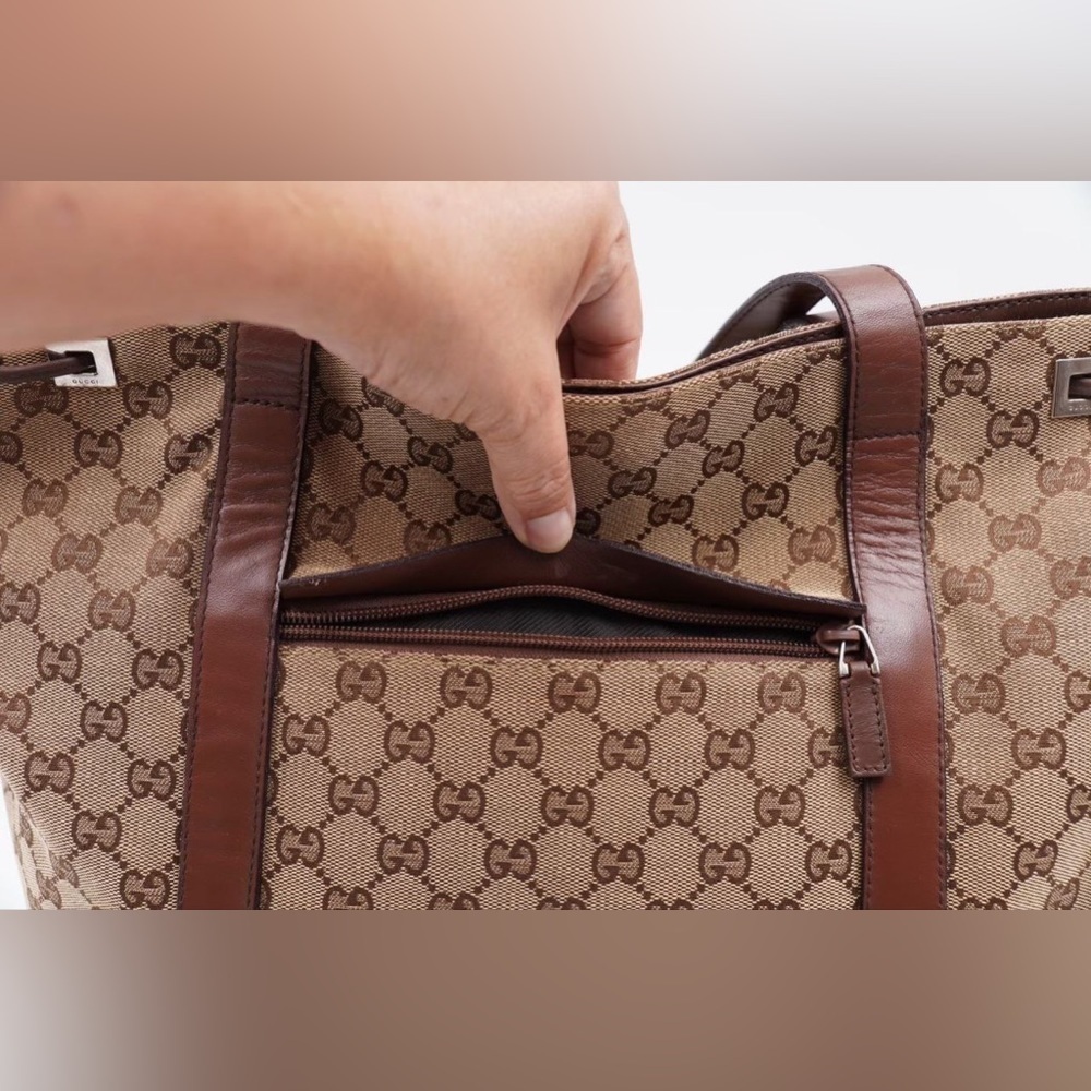 ⏰LAST CHANCE⏰ Gucci Beige/Brown GG Canvas And Leather Drawstring Tote - Picture 10 of 15